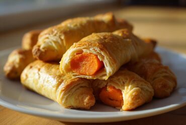 A stack of golden, flaky Vegetarian Carrot "Pigs" in a Blanket on a white plate, one cut open showing the bright orange carrot filling.