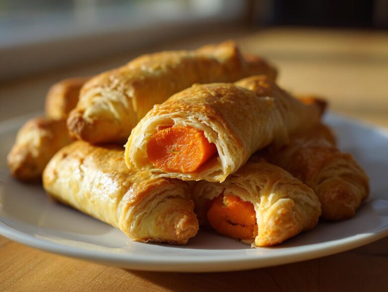 A stack of golden, flaky Vegetarian Carrot "Pigs" in a Blanket on a white plate, one cut open showing the bright orange carrot filling.