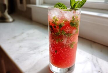 A tall glass filled with a bright red Watermelon Mint Refresher, ice, muddled mint, and garnished with fresh mint sprigs.