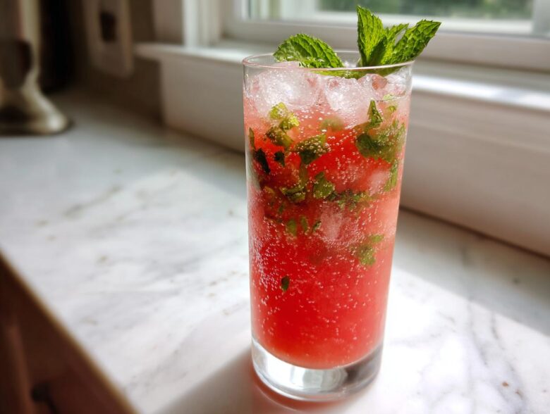 A tall glass filled with a bright red Watermelon Mint Refresher, ice, muddled mint, and garnished with fresh mint sprigs.