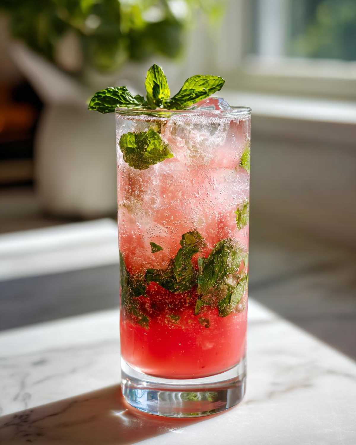 A tall glass filled with a fizzy Watermelon Mint Refresher, ice, muddled mint, and garnished with fresh mint sprigs.