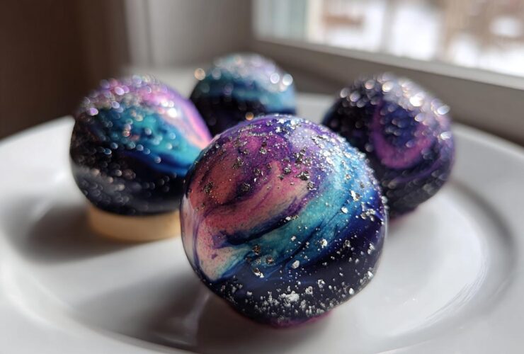 Four stunning White Chocolate Galaxy Painted Strawberries arranged on a white plate, featuring vibrant blue, purple, and pink swirls with silver edible glitter.