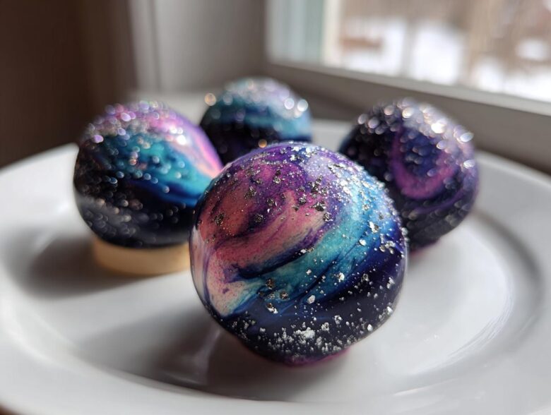 Four stunning White Chocolate Galaxy Painted Strawberries arranged on a white plate, featuring vibrant blue, purple, and pink swirls with silver edible glitter.