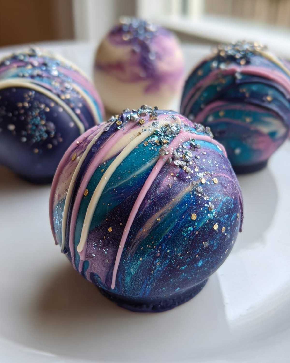 Close-up of a beautifully decorated White Chocolate Galaxy Painted Strawberry with vibrant blue, purple, and pink swirls and edible glitter.