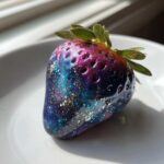A single, glossy strawberry decorated with vibrant blue, purple, and gold speckles resembling a galaxy, part of the White Chocolate Galaxy Painted Strawberries.