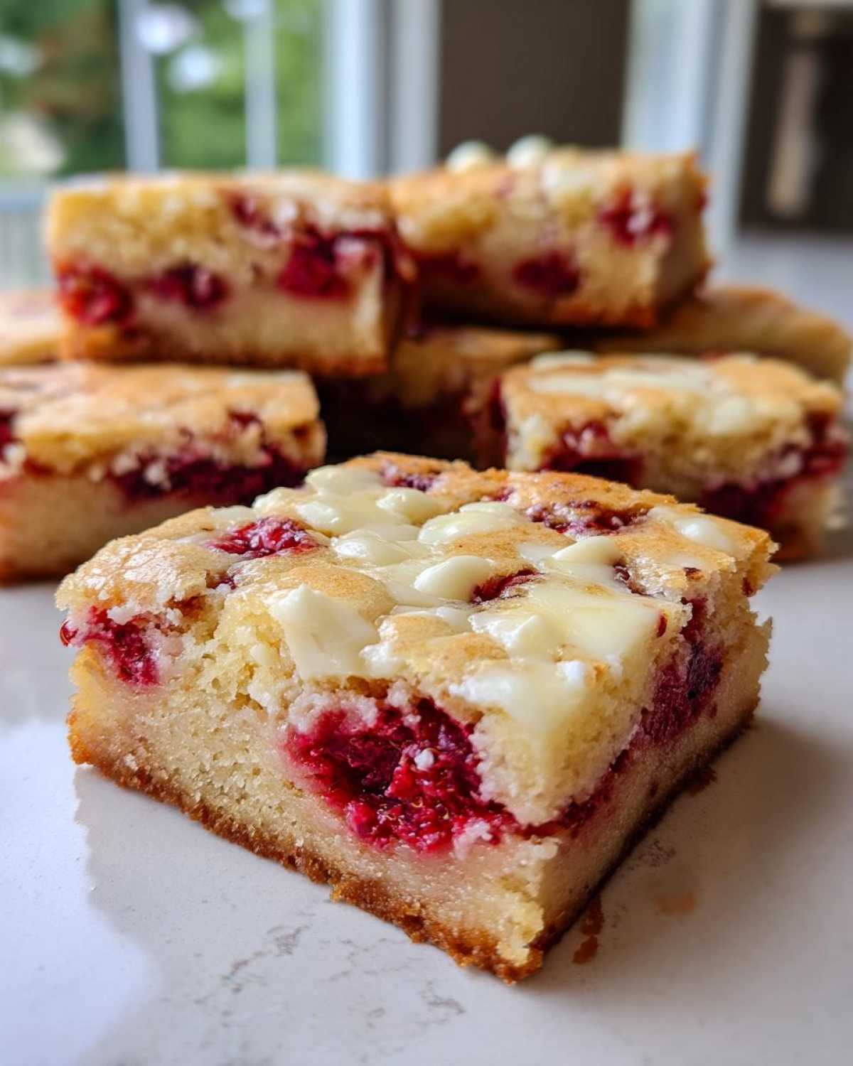 A close-up, tempting slice of White Chocolate Raspberry Blondies showing a dense, moist center packed with bright red raspberries.