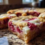 Close-up of a square of White Chocolate Raspberry Blondies showing the dense base, bright red raspberries, and swirls of melted white chocolate.