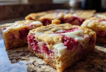 Close-up of a square of White Chocolate Raspberry Blondies showing the dense base, bright red raspberries, and swirls of melted white chocolate.
