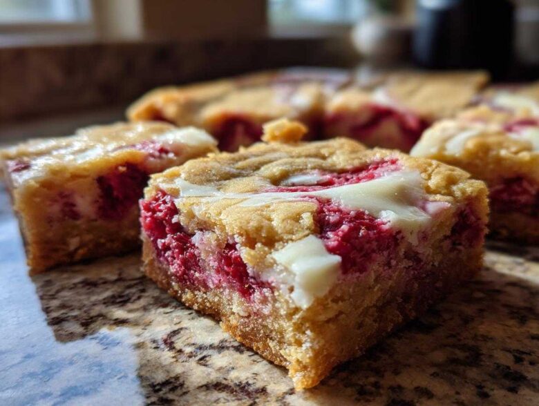 Close-up of a square of White Chocolate Raspberry Blondies showing the dense base, bright red raspberries, and swirls of melted white chocolate.