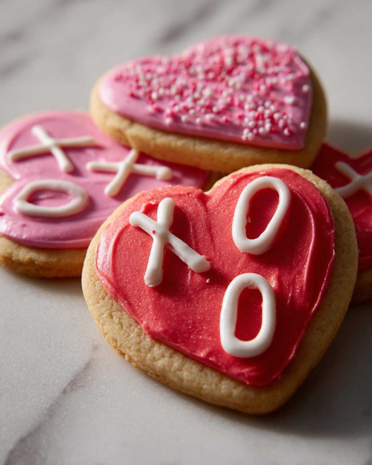 Close-up of heart-shaped XOXO Frosted Sugar Cookies with pink and red icing on a marble surface.