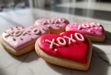 Close-up of heart-shaped XOXO Frosted Sugar Cookies with pink and red icing.