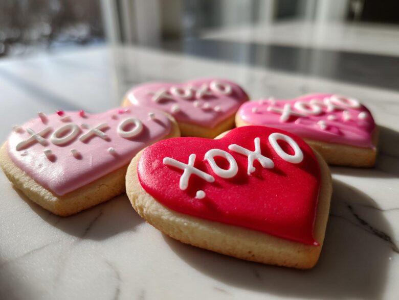 Close-up of heart-shaped XOXO Frosted Sugar Cookies with pink and red icing.