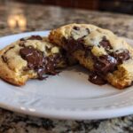 Close-up of a freshly baked chocolate chip cookie broken in half, revealing gooey, melted chocolate chips.