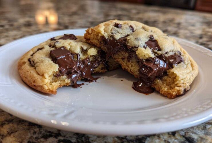 Close-up of a freshly baked chocolate chip cookie broken in half, revealing gooey, melted chocolate chips.