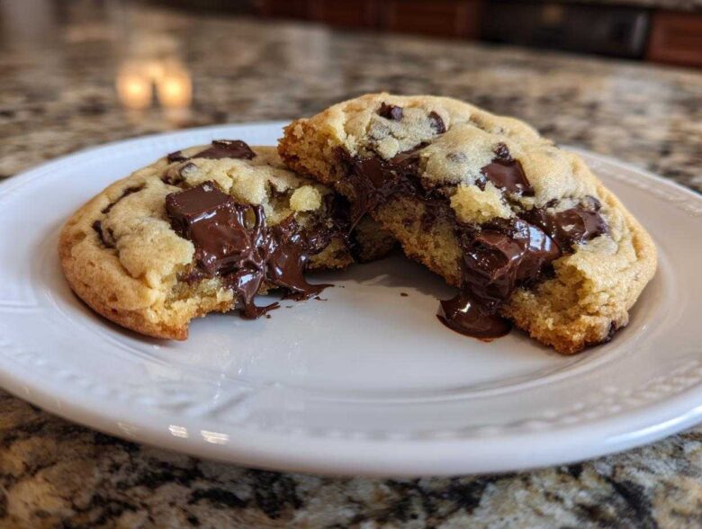 Close-up of a freshly baked chocolate chip cookie broken in half, revealing gooey, melted chocolate chips.