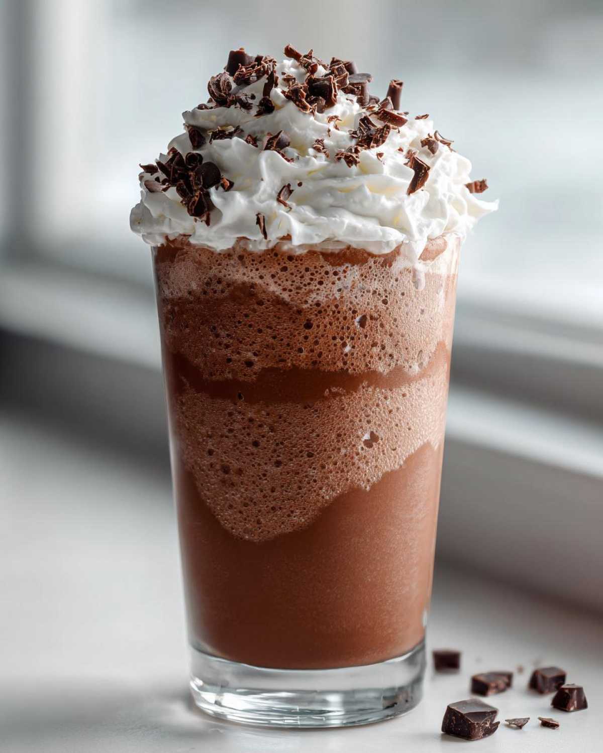 A tall glass filled with rich, blended frozen hot chocolate topped with whipped cream and chocolate shavings.