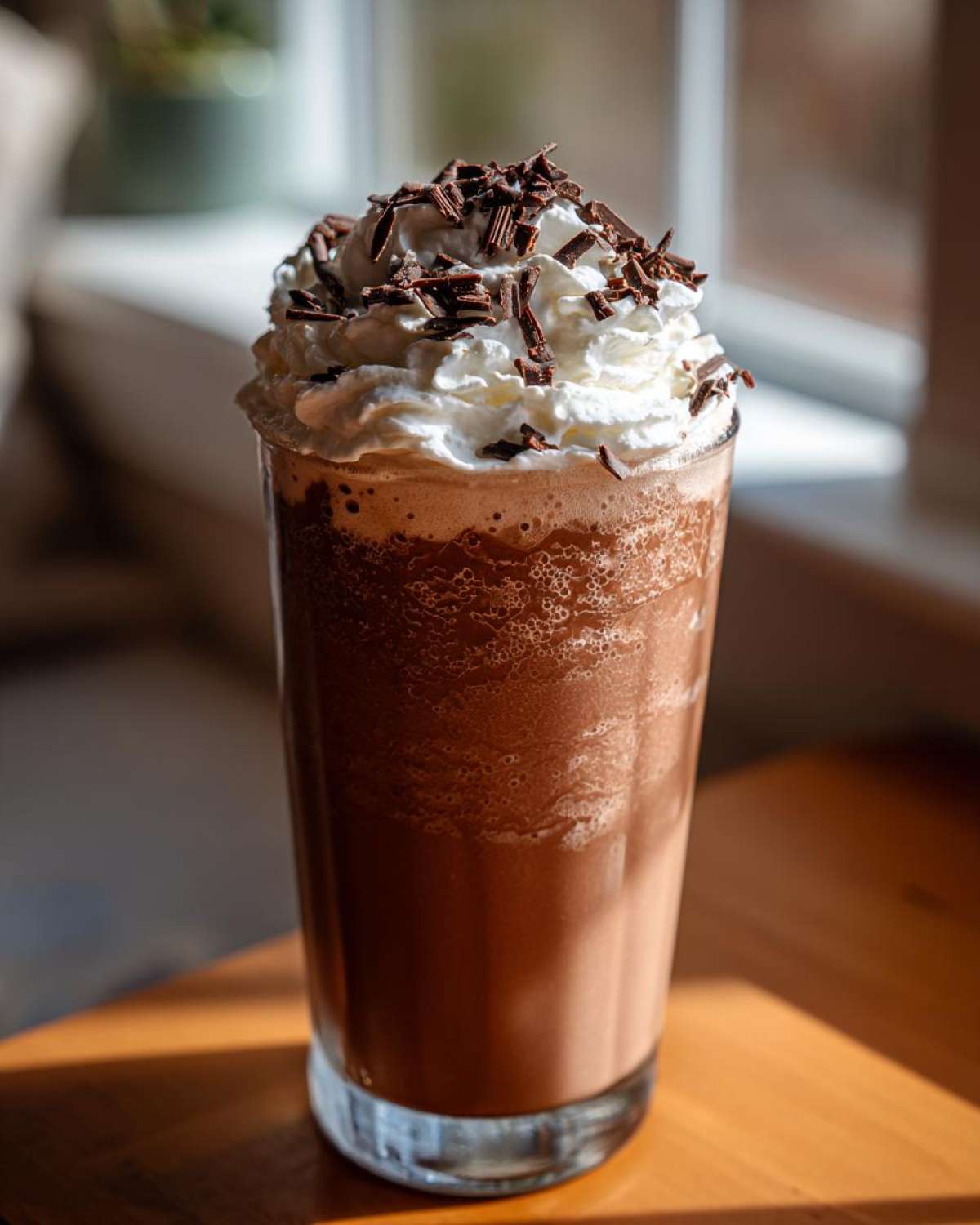 A tall glass filled with blended frozen hot chocolate topped with whipped cream and chocolate shavings.