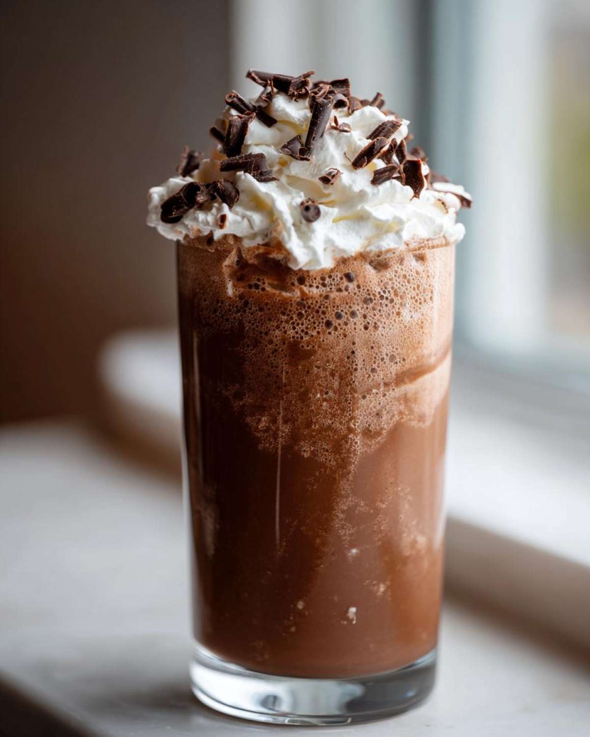 A tall glass filled with frothy frozen hot chocolate, topped with whipped cream and chocolate shavings.