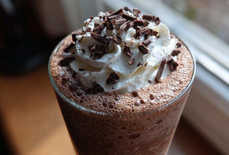 Close-up of a tall glass of frozen hot chocolate topped with whipped cream and chocolate shavings.