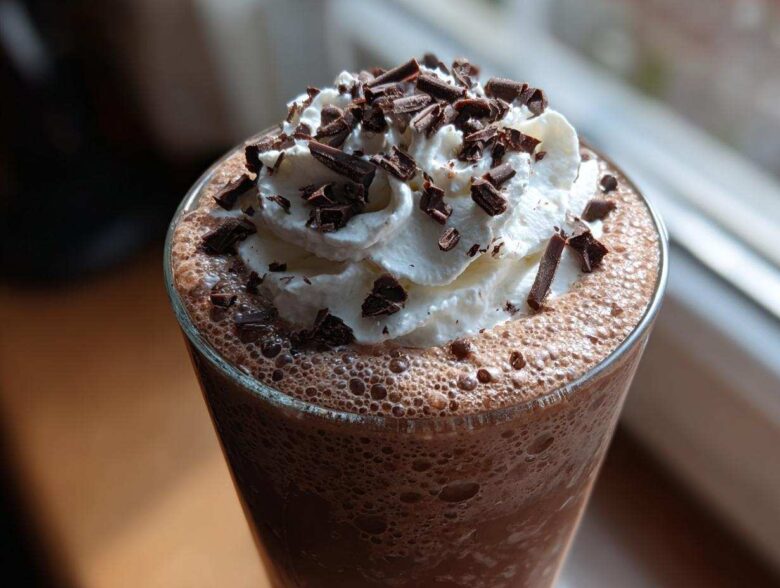 Close-up of a tall glass of frozen hot chocolate topped with whipped cream and chocolate shavings.