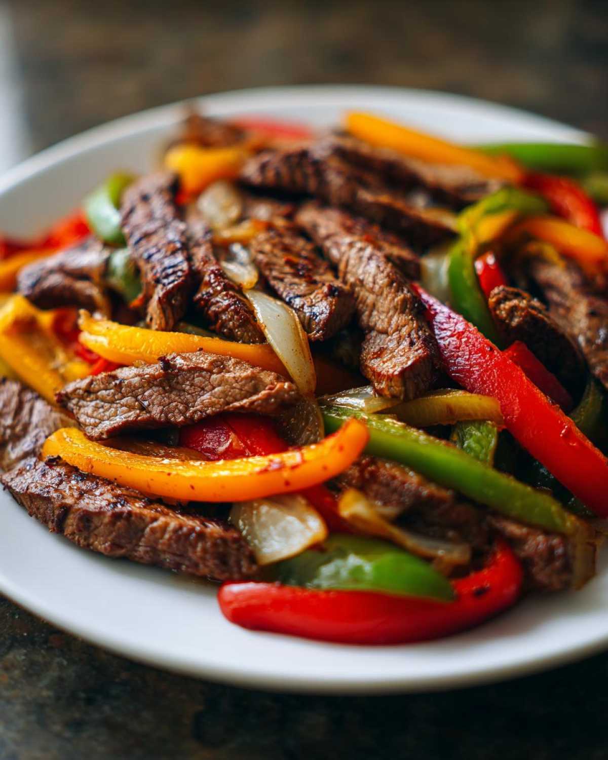 Close-up of perfectly cooked steak fajitas featuring sliced grilled steak, red, yellow, and green bell peppers, and onions on a white plate.