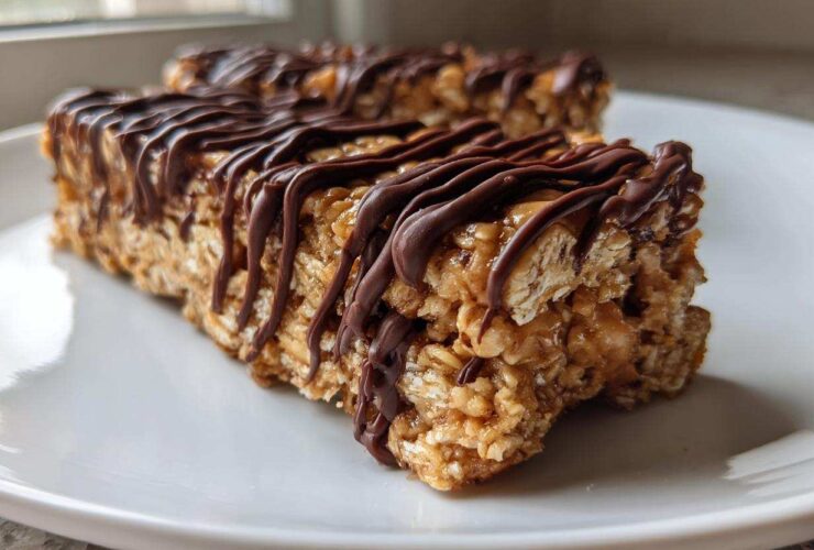 Two homemade protein bars made with oats, drizzled heavily with melted dark chocolate, resting on a white plate.