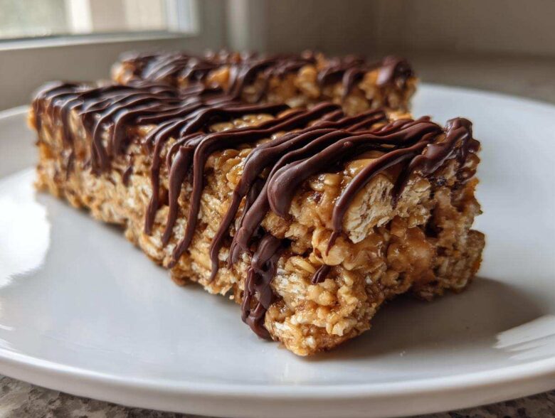 Two homemade protein bars made with oats, drizzled heavily with melted dark chocolate, resting on a white plate.