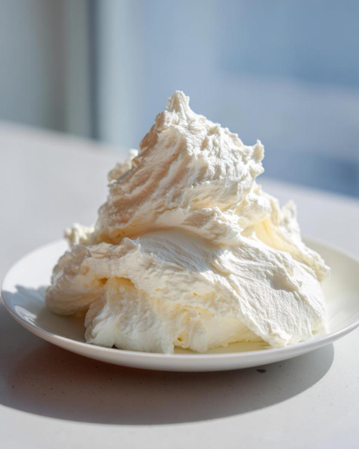 A generous, fluffy mound of freshly whipped cream cheese frosting served on a small white plate.