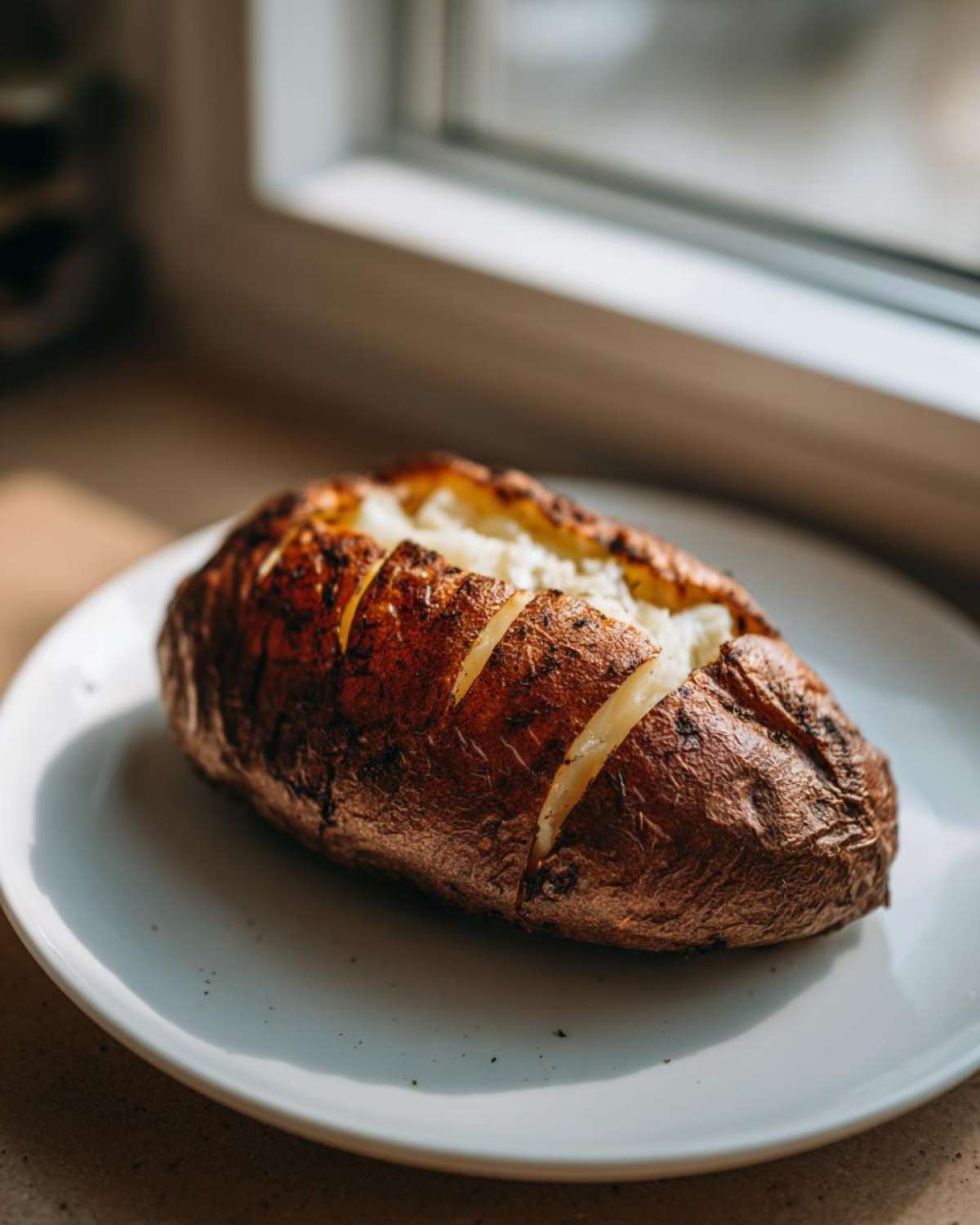 A perfectly cooked air fryer baked potato with a crispy, seasoned skin, sliced open to show fluffy interior.
