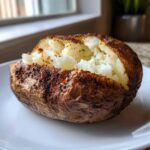 Close-up of a perfectly cooked air fryer baked potato, split open to reveal fluffy white interior and seasoned, crispy skin.
