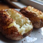 Two fluffy air fryer baked potato halves seasoned with paprika, sitting on a white plate.