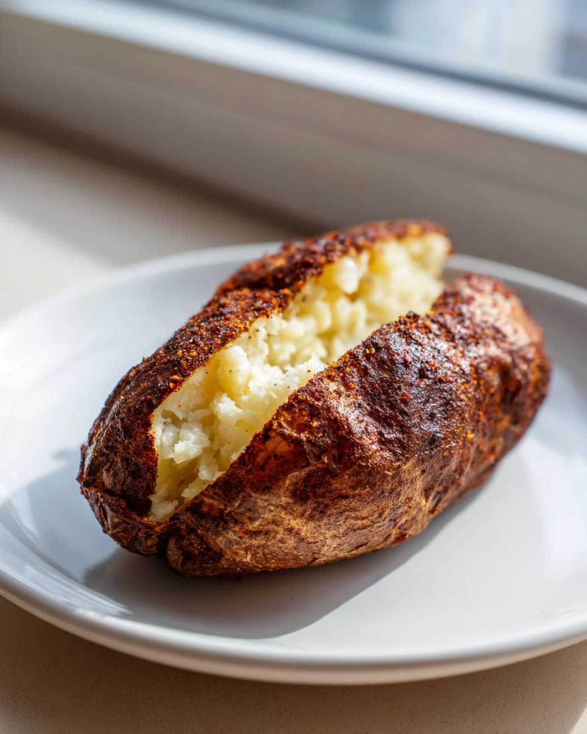A perfectly cooked air fryer baked potato, split open to show fluffy interior and crispy, seasoned skin.