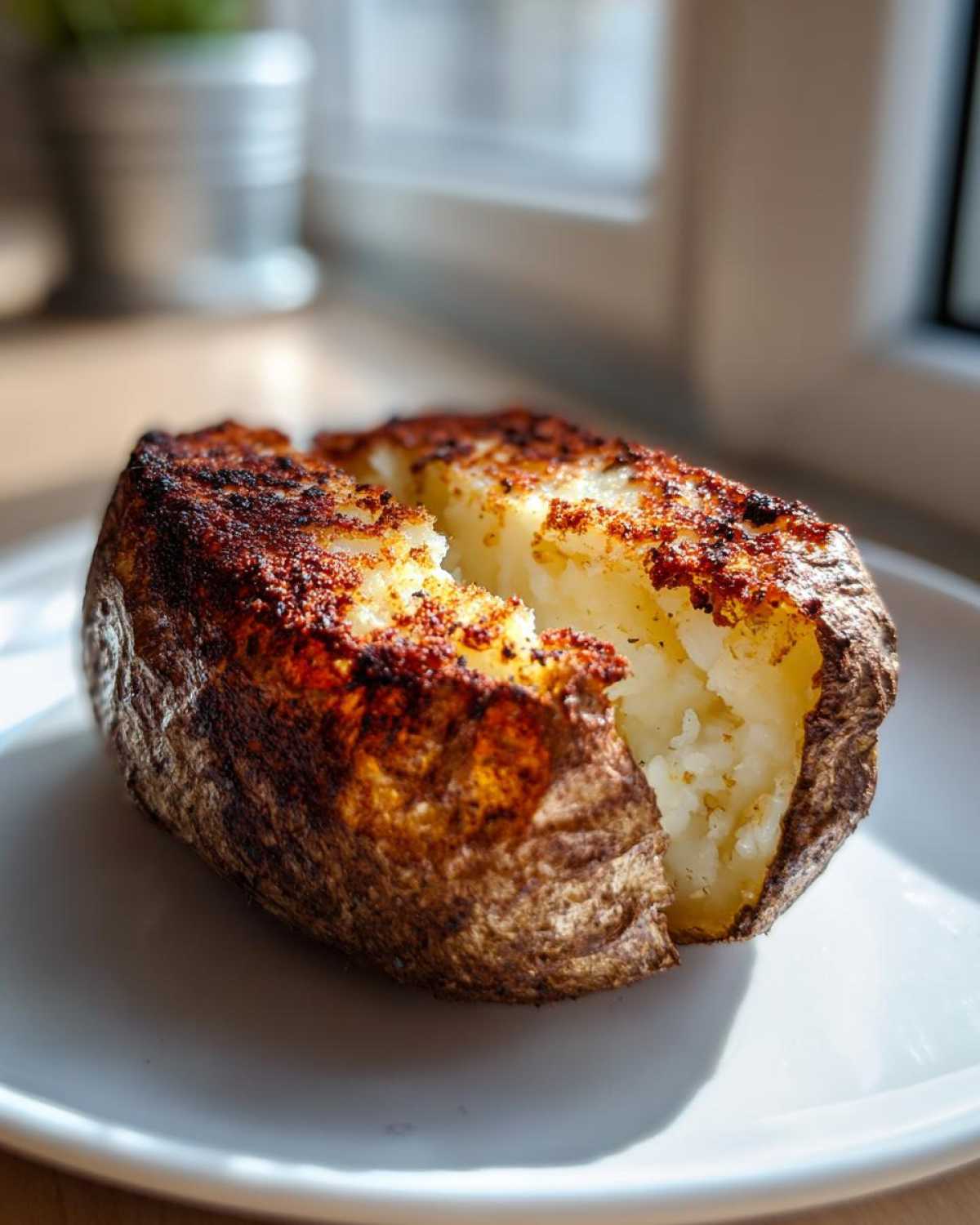 A single, fluffy air fryer baked potato with a deeply browned, crispy skin, split open on a white plate.