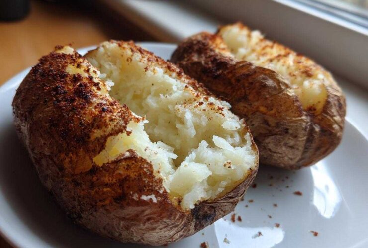 Two fluffy air fryer baked potato halves seasoned with paprika, sitting on a white plate.