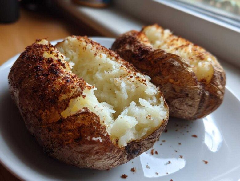 Two fluffy air fryer baked potato halves seasoned with paprika, sitting on a white plate.