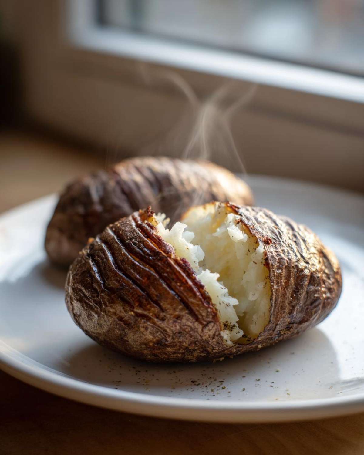 Close-up of a perfectly cooked air fryer baked potato, split open with steam rising from the fluffy white interior.