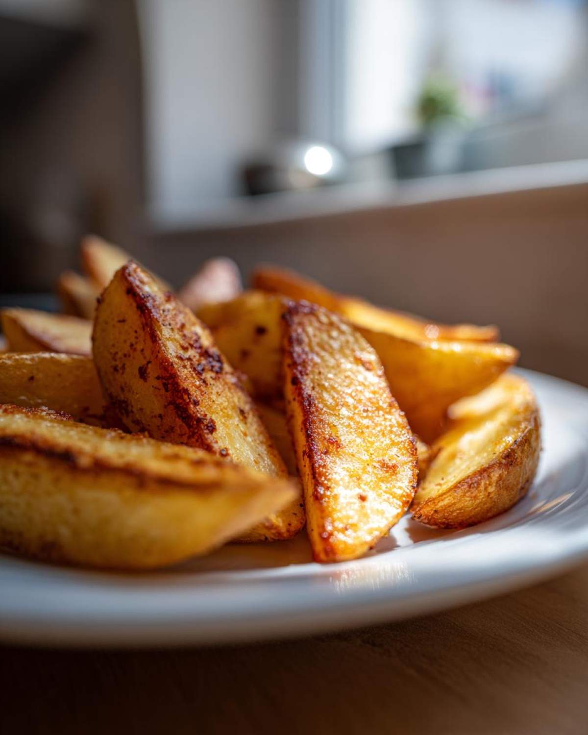 Close-up of crispy, golden brown air fryer potato wedges seasoned and served on a white plate.