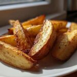 Close-up, sunlit photo of perfectly crispy, golden air fryer potato wedges seasoned with pepper on a white plate.