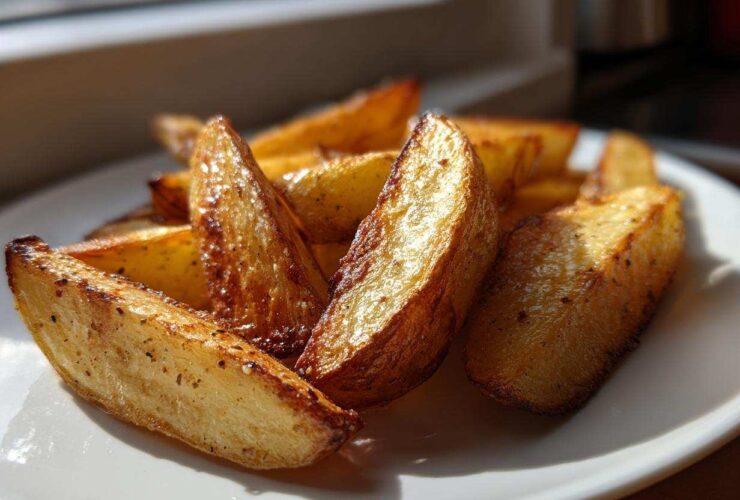 Close-up, sunlit photo of perfectly crispy, golden air fryer potato wedges seasoned with pepper on a white plate.