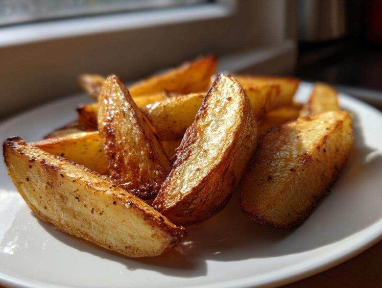 Close-up, sunlit photo of perfectly crispy, golden air fryer potato wedges seasoned with pepper on a white plate.