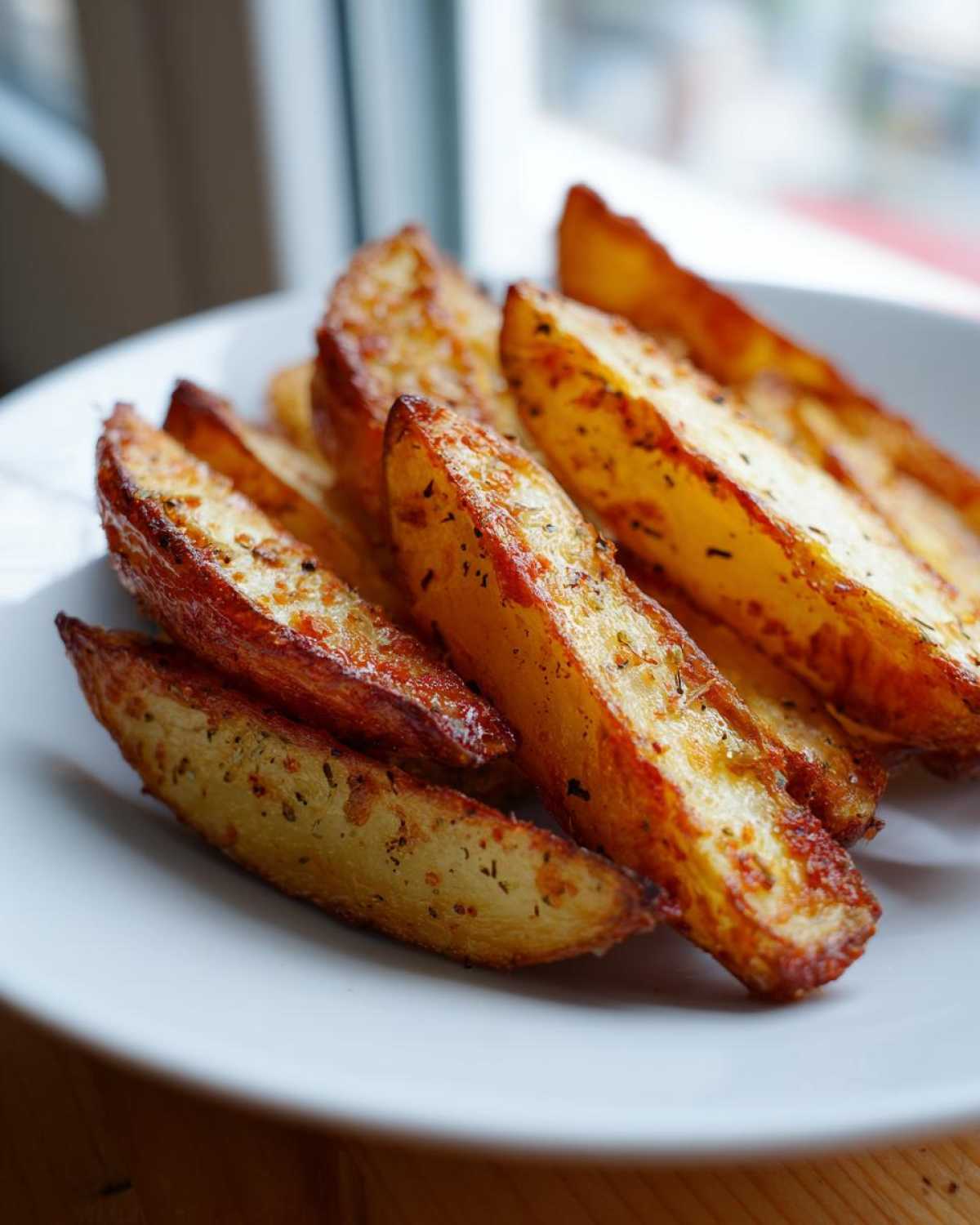 Close-up of golden brown, seasoned air fryer potato wedges served on a white plate near a window.