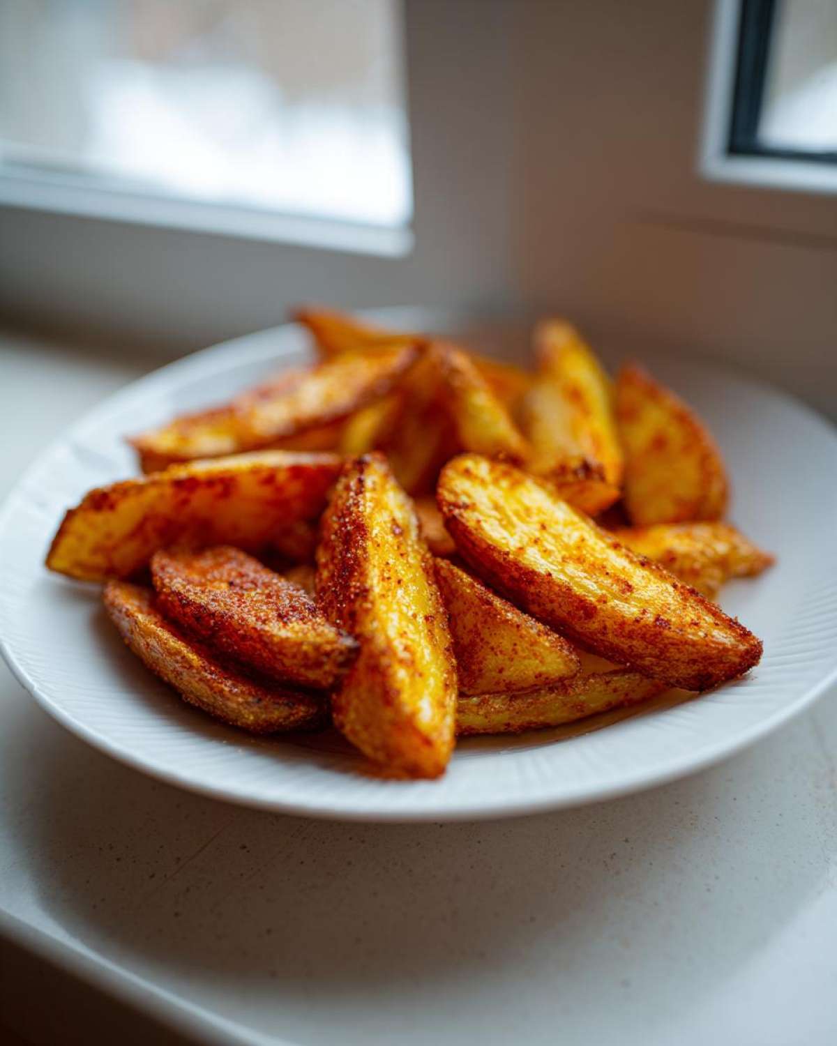 A close-up of golden, seasoned air fryer potato wedges piled high on a white plate near a window.