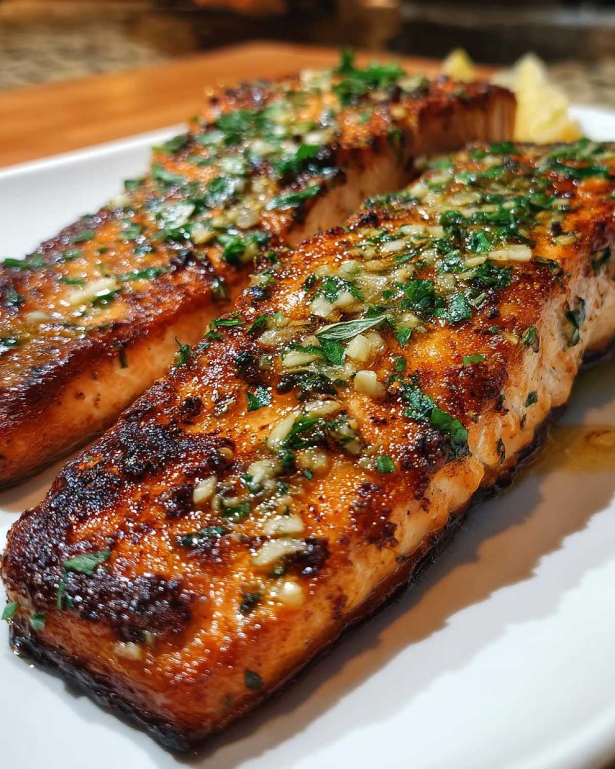 Two glistening fillets of air fryer salmon topped with melted garlic butter and fresh parsley.