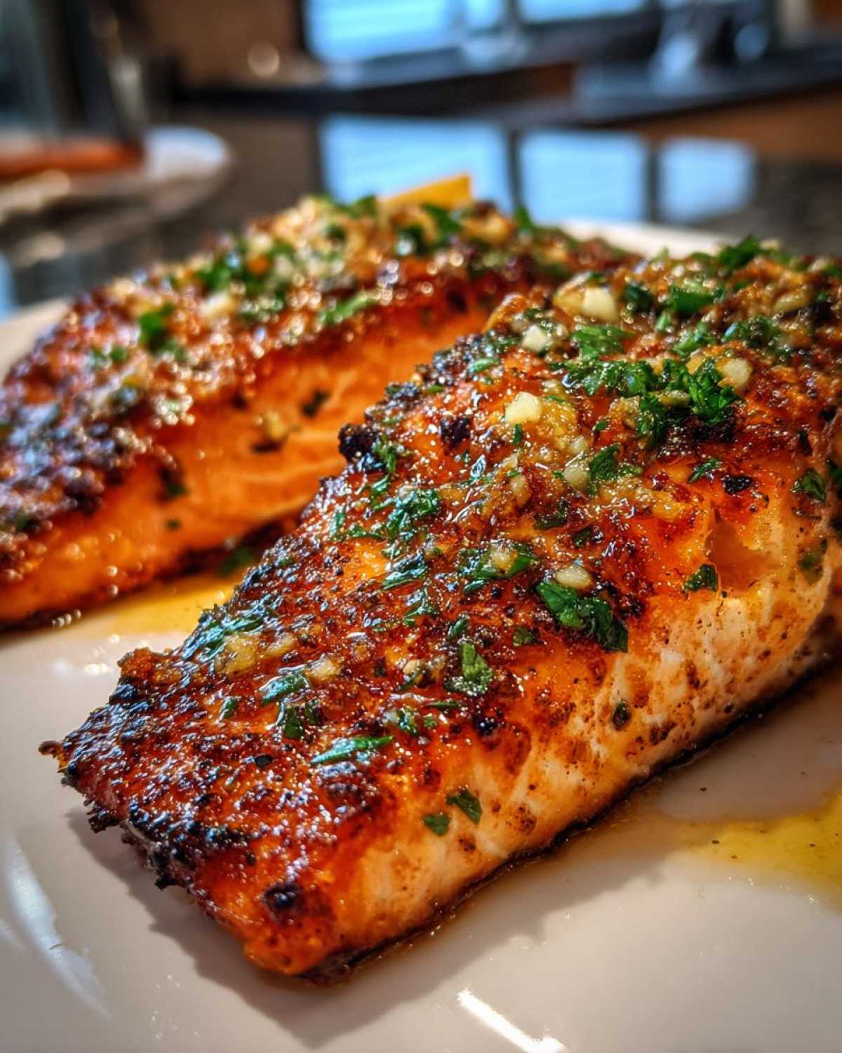 Close-up of two glistening fillets of air fryer salmon topped with garlic and parsley.