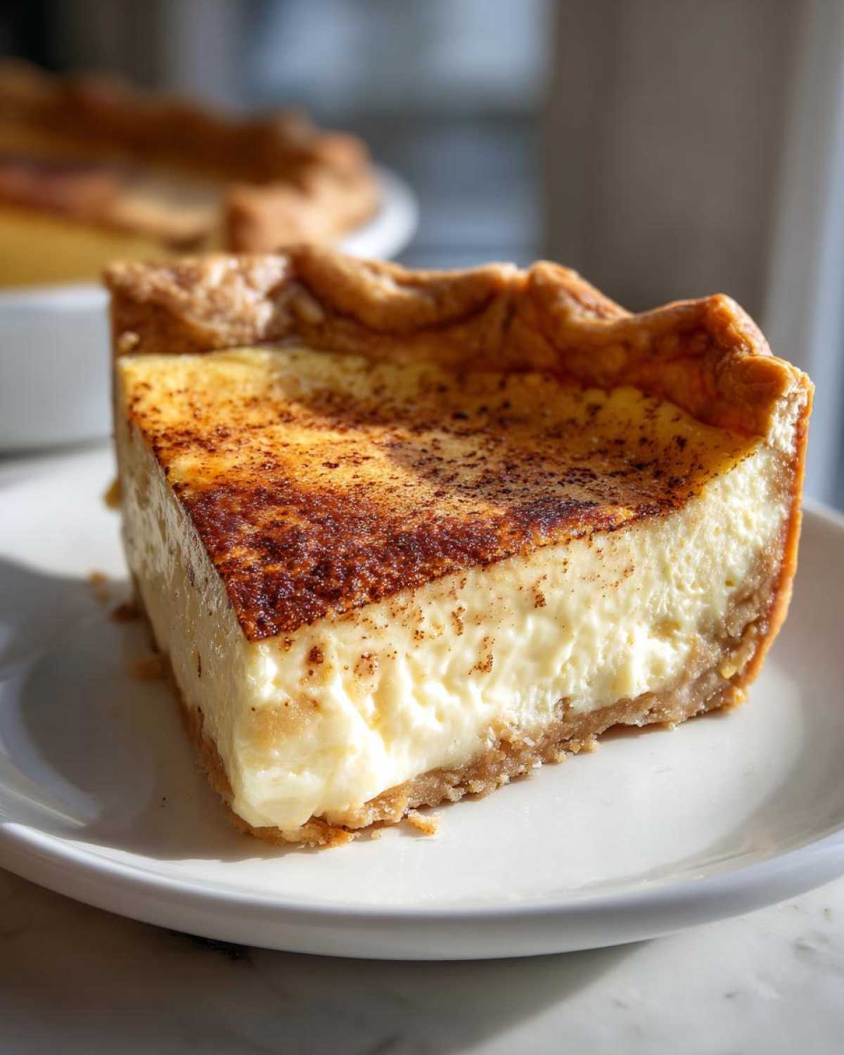 A close-up slice of creamy, baked egg custard pie with a golden crust, dusted with cinnamon.