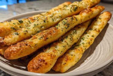 Close-up of several golden brown, herb-topped breadsticks stacked in a light-colored bowl.