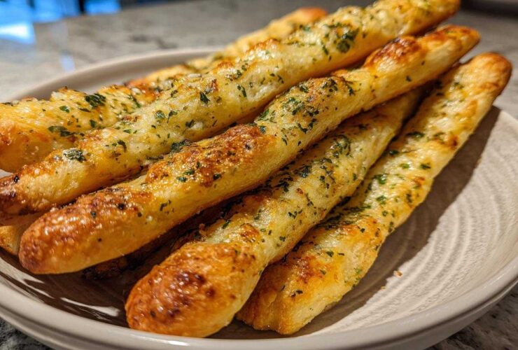 Close-up of several golden brown, herb-topped breadsticks stacked in a light-colored bowl.