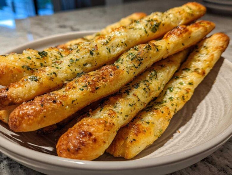 Close-up of several golden brown, herb-topped breadsticks stacked in a light-colored bowl.