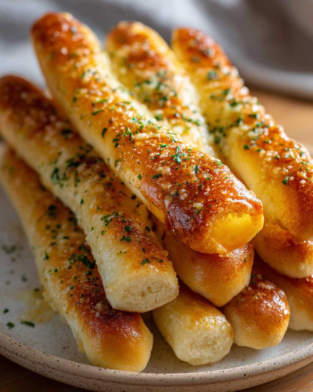 A close-up stack of golden brown, buttery breadsticks topped with garlic and parsley.