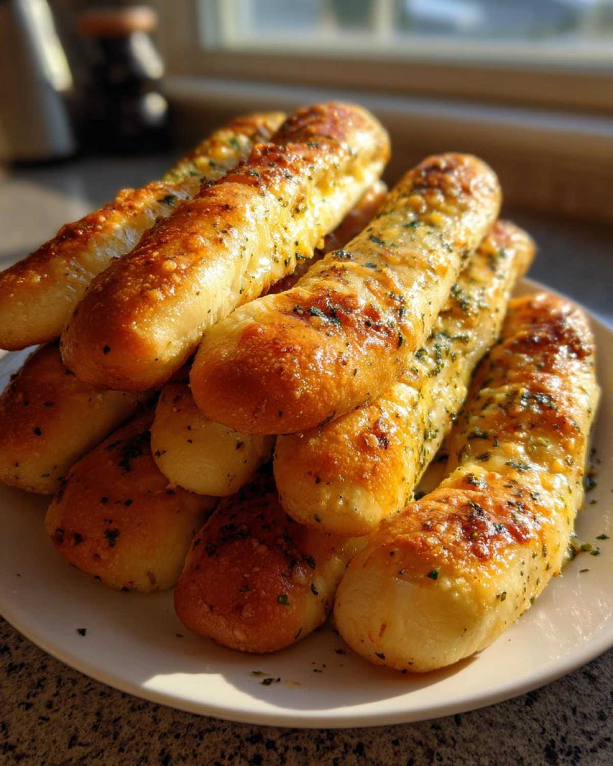A close-up stack of freshly baked, golden brown garlic breadsticks sprinkled with herbs on a white plate.
